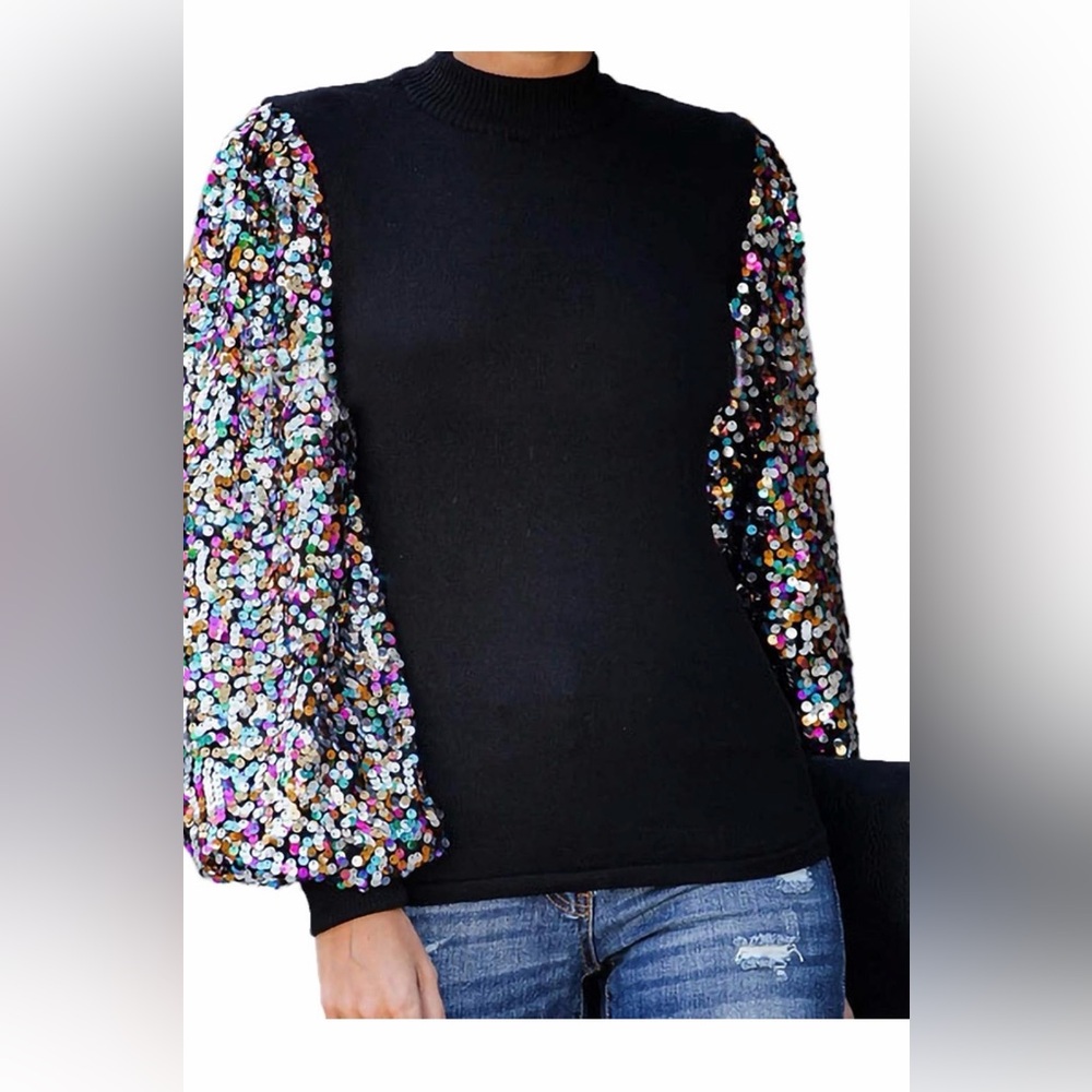 Anna-Kaci Women's Confetti Sequin Balloon Long Sleeve Mock Neck
